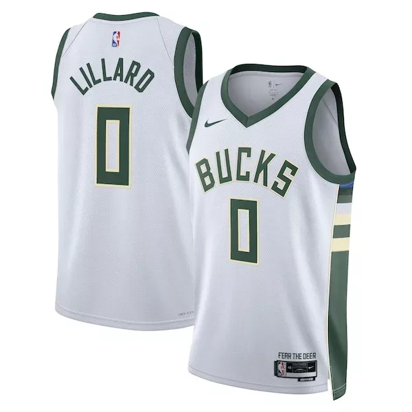 Accattivante Cool Damian Lillard Milwaukee Bucks Nike Unisex Fear The Deer Swingman Player Jersey Association Edition White per i Fan Veri