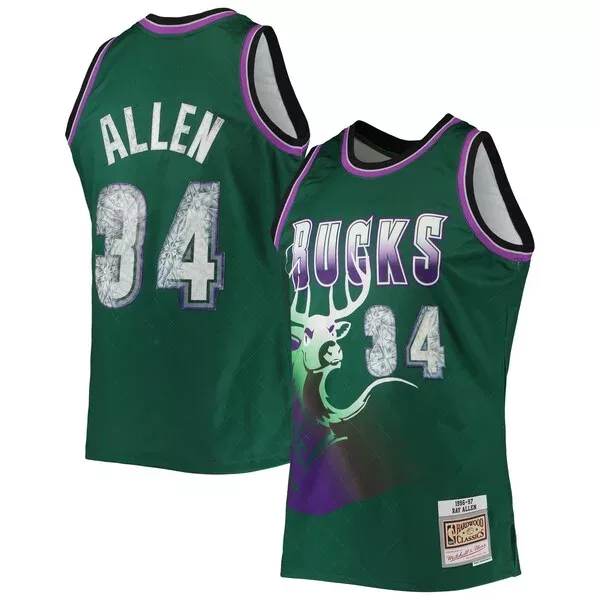 Attraente Ray Allen Milwaukee Bucks 1996/97 Hardwood Classics NBA 75th Anniversary Diamond Swingman Jersey Green per i Fan Veri