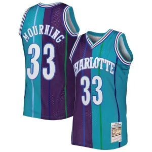 Attraente Resistente Alonzo Mourning Charlotte Hornets Hardwood Classics 1992/93 Split Swingman Jersey Teal/Purple per i Fan Veri