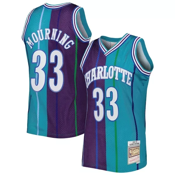 Attraente Resistente Alonzo Mourning Charlotte Hornets Hardwood Classics 1992/93 Split Swingman Jersey Teal/Purple per i Fan Veri
