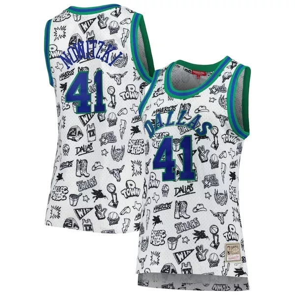 Accattivante Resistente Attraente Dirk Nowitzki Dallas Mavericks Women's 1998 Doodle Swingman Jersey White per i Fan Veri