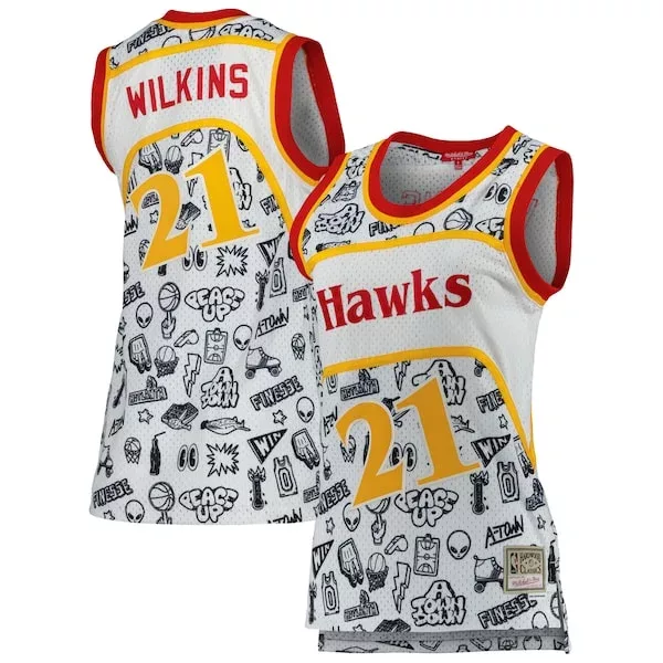 Attraente Cool Versatile Dominique Wilkins Atlanta Hawks Women's 1986 Doodle Swingman Jersey White per i Fan Veri