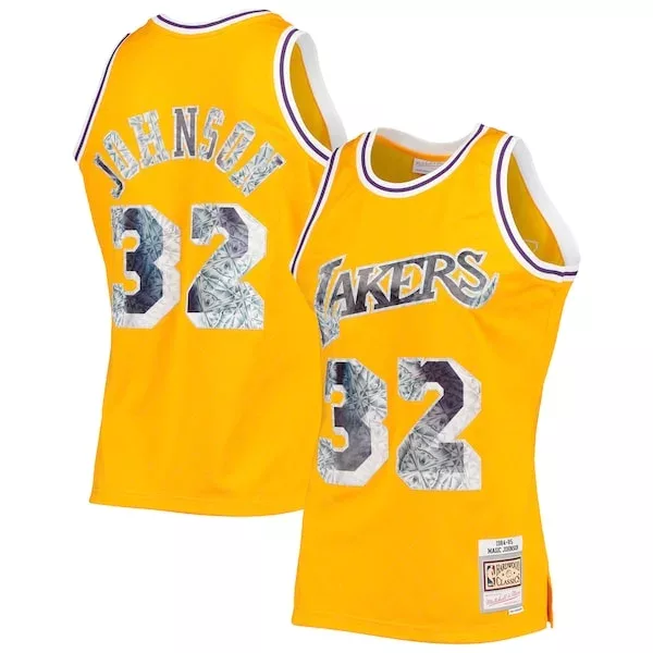 Comodo Magic Johnson Los Angeles Lakers 1984/85 Hardwood Classics NBA 75th Anniversary Diamond Swingman Jersey Gold per i Fan Veri