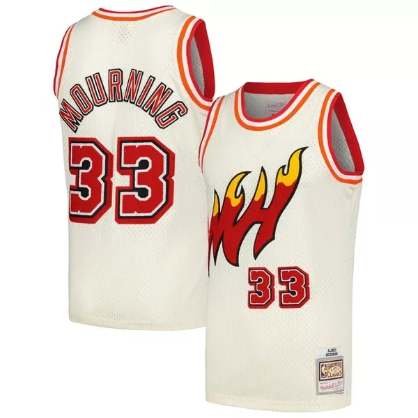 Cool Sofisticato Alonzo Mourning Miami Heat Chainstitch Swingman Jersey Cream per i Fan Veri