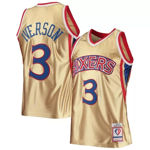 Fascinante Eccezionale Allen Iverson Philadelphia 76ers 75th Anniversary 1996/97 Hardwood Classics Swingman Jersey Gold per i Fan Veri