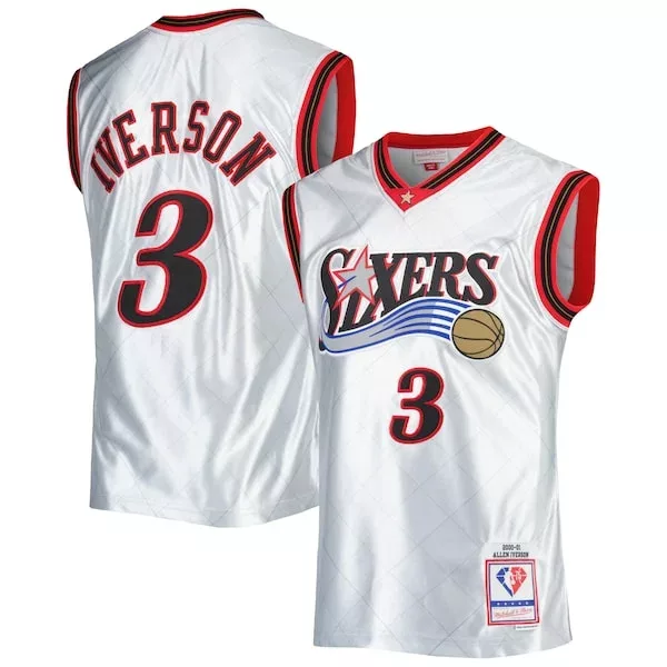 Meraviglioso Allen Iverson Philadelphia 76ers 2000/01 Hardwood Classics 75th Anniversary Swingman Jersey Platinum per i Fan Veri