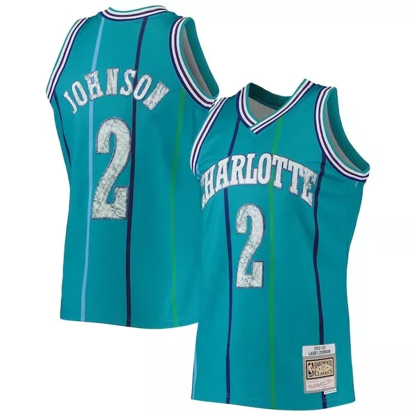 Meraviglioso Larry Johnson Charlotte Hornets 1996/97 Hardwood Classics NBA 75th Anniversary Diamond Swingman Jersey Teal per i Fan Veri