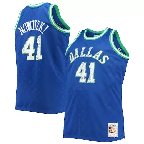 Resistente Gorgeous Dirk Nowitzki Dallas Mavericks Big & Tall 1998/99 NBA 75th Anniversary Diamond Swingman Jersey Blue per i Fan Veri